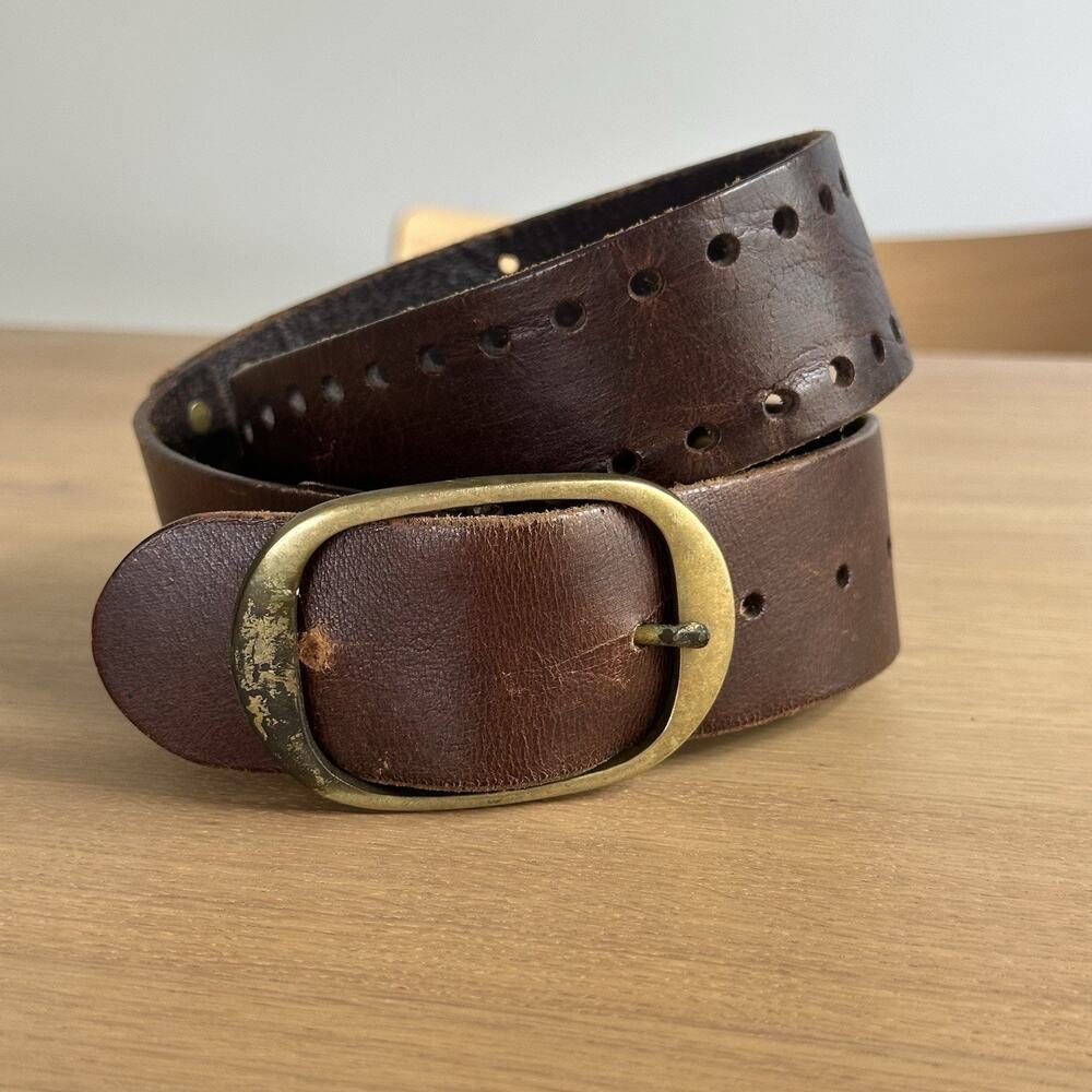 Vintage 90s Paris Blues Brown Genuine Leather Heavy Buckle Belt M 30" Studded